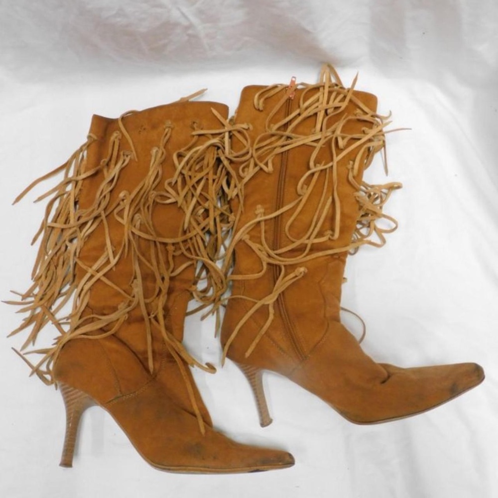 Brown Heeled Fringe Boots (Size 6 Women's) Western Style with Zipper